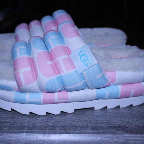 UGG Maxi Pride Slip On Platform Slide Slipper US 7 Pink White Blue Tan Worn 1x - Picture 1 of 11